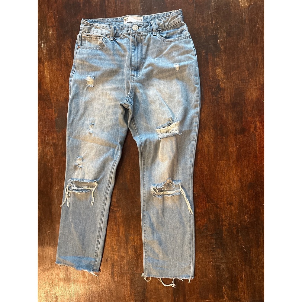 RSQ Mom Jeans Womens 9 Light Blue Excellent Distressed Raw Hem High Rise